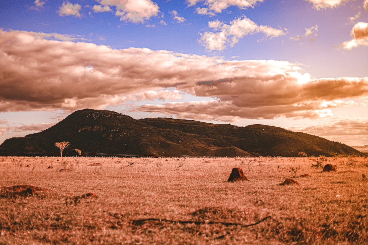 A tranquil arid field with a mountain backdrop under a vibrant sunset sky.